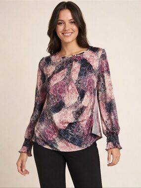 INC Medium Pink Paisley Abstract Print Draped Long Sleeve Blouse